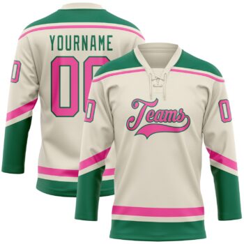 Custom Cream Pink Kelly Green Hockey Lace Neck Jersey