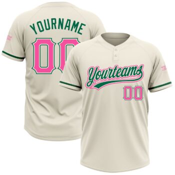 Custom Cream Pink Kelly Green Two Button Unisex Softball Jersey