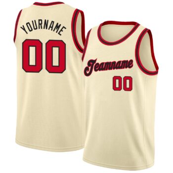 Custom Cream Red Black Round Neck Rib Knit Basketball Jersey