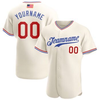 Custom Cream Red Royal Authentic American Flag Fashion Baseball Jersey