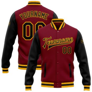 Custom Crimson Black Gold Bomber Full Snap Varsity Letterman Two Tone Jacket