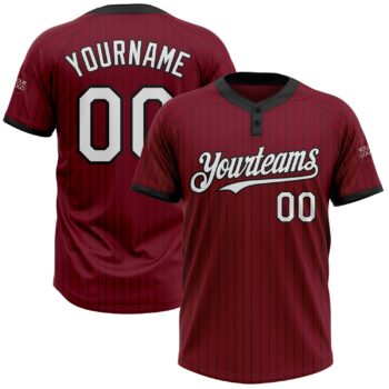 Custom Crimson Black Pinstripe White Two Button Unisex Softball Jersey
