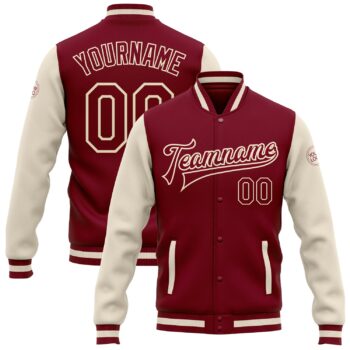 Custom Crimson Crimson Cream Maroon Bomber Full Snap Varsity Letterman Two Tone Jacket
