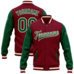 Custom Crimson Kelly Green Cream Bomber Full Snap Varsity Letterman Two Tone Jacket