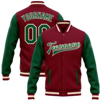 Custom Crimson Kelly Green Cream Bomber Full Snap Varsity Letterman Two Tone Jacket