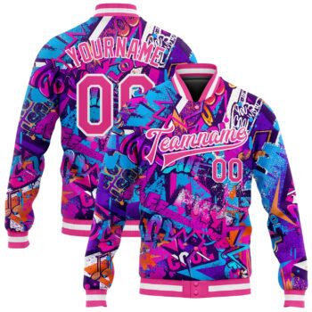 Custom Graffiti Pattern Pink White Words 3d Bomber Full Snap Varsity Letterman Jacket