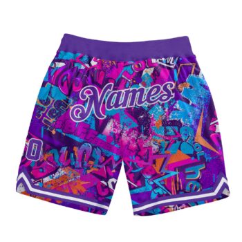 Custom Graffiti Pattern Purple White 3d Words Authentic Basketball Shorts