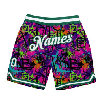Custom Graffiti Pattern White Kelly Green 3d Authentic Basketball Shorts