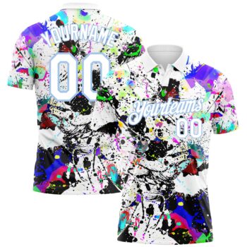 Custom Graffiti Pattern White Light Blue 3d Splashes Performance Golf Polo Shirt