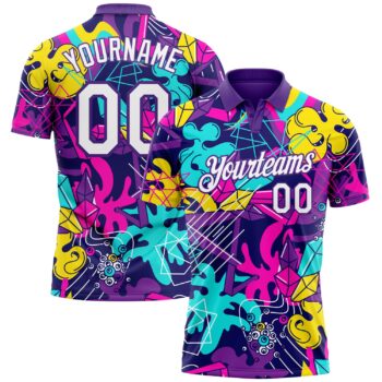 Custom Graffiti Pattern White Purple 3d Performance Golf Polo Shirt
