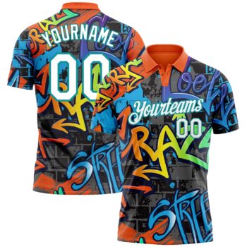 Custom Graffiti Pattern White Teal 3d Grunge Design Performance Golf Polo Shirt