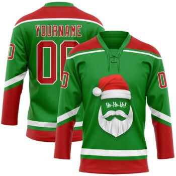 Custom Grass Green Red White Christmas Santa Claus 3d Hockey Lace Neck Jersey