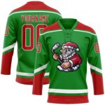 Custom Grass Green Red White Christmas Santa Claus 3d Hockey Lace Neck Jersey