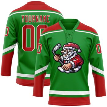 Custom Grass Green Red White Christmas Santa Claus 3d Hockey Lace Neck Jersey