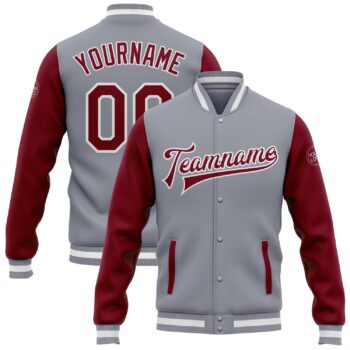 Custom Gray Crimson White Bomber Full Snap Varsity Letterman Two Tone Jacket