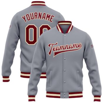 Custom Gray Maroon Cream Bomber Full Snap Varsity Letterman Jacket