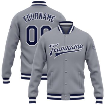 Custom Gray Navy White Bomber Full Snap Varsity Letterman Jacket