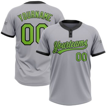 Custom Gray Neon Green Black Two Button Unisex Softball Jersey