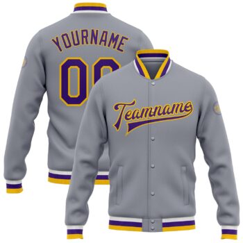 Custom Gray Purple Gold Bomber Full Snap Varsity Letterman Jacket