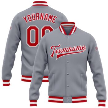 Custom Gray Red White Bomber Full Snap Varsity Letterman Jacket