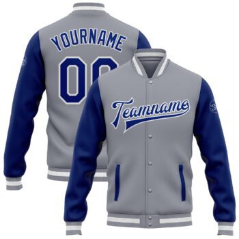 Custom Gray Royal White Bomber Full Snap Varsity Letterman Two Tone Jacket