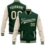 Custom Green Cream Bomber Full Snap Varsity Letterman Two Tone Jacket