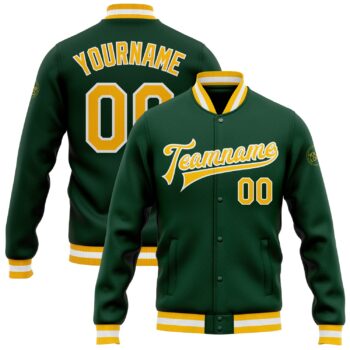 Custom Green Gold White Bomber Full Snap Varsity Letterman Jacket