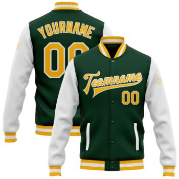 Custom Green Gold White Bomber Full Snap Varsity Letterman Two Tone Jacket