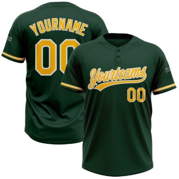 Custom Green Gold White Two Button Unisex Softball Jersey