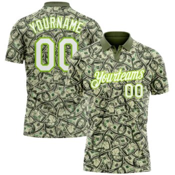 Custom Green White Neon Green 3d Pattern Design Dollar Performance Golf Polo Shirt