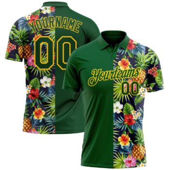 Custom Green Yellow 3d Pattern Design Tropical Pattern With Pineapples Palm Leaves And Flowers Performance Golf Polo Shirt