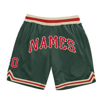 Custom Hunter Green Red Cream Authentic Throwback Basketball Shorts