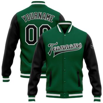 Custom Kelly Green Black White Bomber Full Snap Varsity Letterman Two Tone Jacket