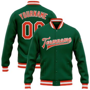Custom Kelly Green Orange White Bomber Full Snap Varsity Letterman Jacket