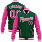 Custom Kelly Green Pink White Bomber Full Snap Varsity Letterman Two Tone Jacket