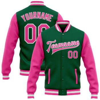 Custom Kelly Green Pink White Bomber Full Snap Varsity Letterman Two Tone Jacket