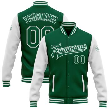 Custom Kelly Green White Bomber Full Snap Varsity Letterman Two Tone Jacket