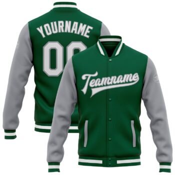 Custom Kelly Green White Gray Bomber Full Snap Varsity Letterman Two Tone Jacket