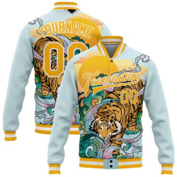 Custom Lakes Blue Gold White Tiger 3d Pattern Design Bomber Full Snap Varsity Letterman Jacket