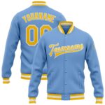 Custom Light Blue Gold White Bomber Full Snap Varsity Letterman Jacket