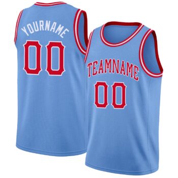 Custom Light Blue Red White Round Neck Rib Knit Basketball Jersey
