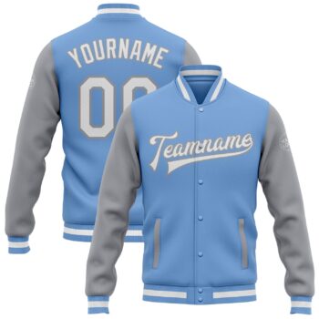 Custom Light Blue White Gray Bomber Full Snap Varsity Letterman Two Tone Jacket