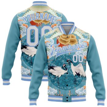 Custom Light Blue White Heron And Cloud 3d Pattern Design Bomber Full Snap Varsity Letterman Jacket