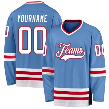 Custom Light Blue White Red Hockey Jersey