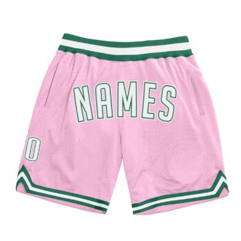 Custom Light Pink White Kelly Green Authentic Throwback Basketball Shorts