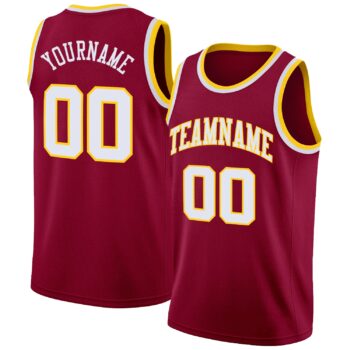 Custom Maroon White Gold Round Neck Rib Knit Basketball Jersey