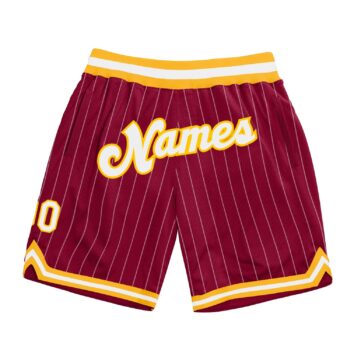 Custom Maroon White Pinstripe White Gold Authentic Basketball Shorts