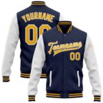 Custom Navy Gold White Bomber Full Snap Varsity Letterman Two Tone Jacket