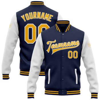 Custom Navy Gold White Bomber Full Snap Varsity Letterman Two Tone Jacket