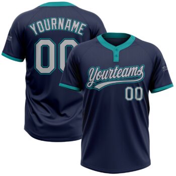 Custom Navy Gray Teal Two Button Unisex Softball Jersey